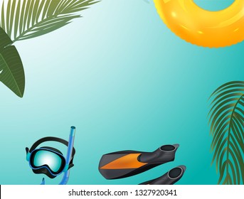green palm leaf branches and other beach elements on bright blue background.