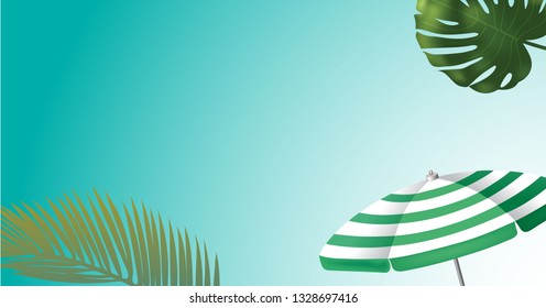 green palm leaf branches and other beach elements on bright blue background.