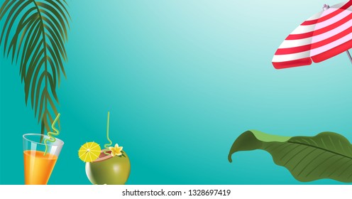 green palm leaf branches and other beach elements on bright blue background.