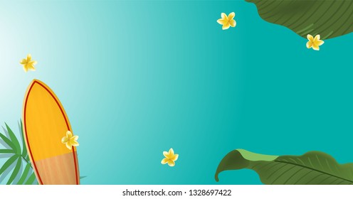 green palm leaf branches and other beach elements on bright blue background.