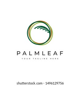 Green palm leaf in the circle logo design template	