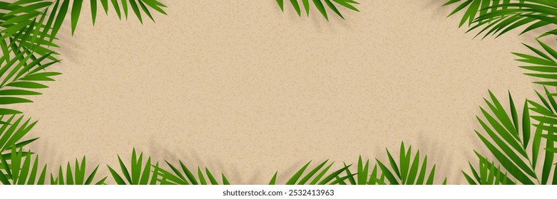 Borda verde do quadro da folha da palma com sombra no fundo da textura da areia para o banner do verão,Folhas de ramos de coco no padrão de praia de areia pelo mar,Terra de deserto de vetor com folha tropical