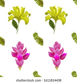 Green Palm Leaf. Pink Ginger. Yellow Lilium. Vector illustration. Seamless background pattern. Floral botanical flower. Wild leaf wildflower isolated. Exotic tropical hawaiian jungle. Fabric.
