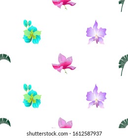 Green Palm Leaf. Pink Magnolia. Green Orchid. Purple Orchid. Vector illustration. Seamless background pattern. Floral botanical flower. Wild leaf wildflower isolated. Exotic tropical hawaiian.