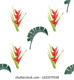Green Palm Leaf. Red Heliconia Bihai. Vector illustration. Seamless background pattern. Floral botanical flower. Wild leaf wildflower isolated. Exotic tropical hawaiian jungle. Fabric wallpaper.