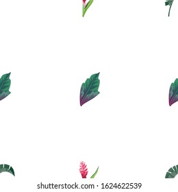 Green Palm Leaf. Red and Pink Ginger. Green Dracaena. Vector illustration. Seamless background pattern. Floral botanical flower. Wild leaf wildflower isolated. Exotic tropical hawaiian jungle.