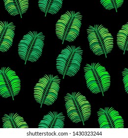 green palm leaf Seamless pattern coconut tree with black background
