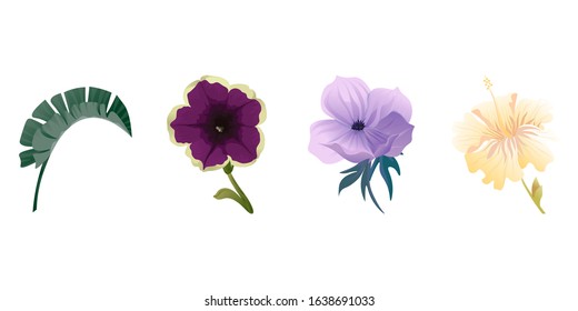 Green Palm Leaf. Violet Petunia. Violet Anemone. Yellow hibiscus. Vector illustration. Isolated illustration element. Floral botanical flower. Wild leaf wildflower isolated. Exotic tropical hawaiian.