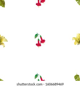 Green Palm Leaf. Yellow Lilium. Red Angel Trumpet. Vector illustration. Seamless background pattern. Floral botanical flower. Wild leaf wildflower isolated. Exotic tropical hawaiian jungle. Fabric.