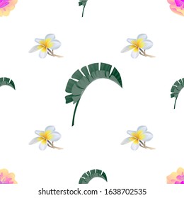 Green Palm Leaf. Yellow Magnolia. White Plumeria. Vector illustration. Seamless background pattern. Floral botanical flower. Wild leaf wildflower isolated. Exotic tropical hawaiian jungle. Fabric.