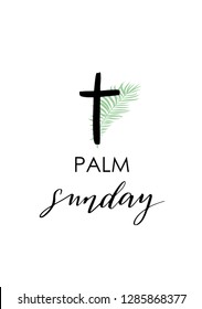 Green Palm leafs vector icon. Vector illustration for the Christian holiday. Palm Sunday handwritten phrase. Calligraphy quote on white background