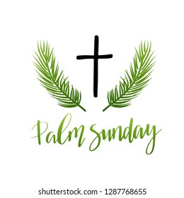 Green Palm leafs vector icon. Vector illustration for the Christian holiday. Palm Sunday handwritten phrase. Calligraphy quote on white background