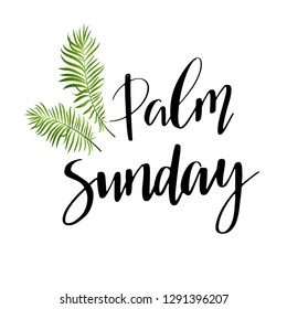 Green Palm leafs vector icon. Vector illustration for the Christian holiday. Palm Sunday handwritten phrase. Calligraphy quote on white background