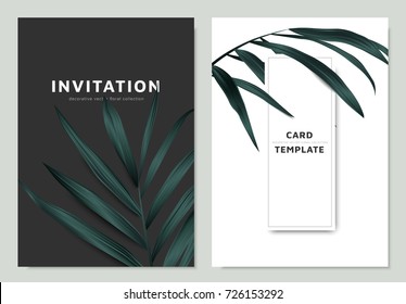 Green palm leaves, invitation card template design, minimal black and white tone