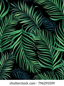 	
Green palm leaves on the dark background. Vector seamless pattern. Tropical illustration.
