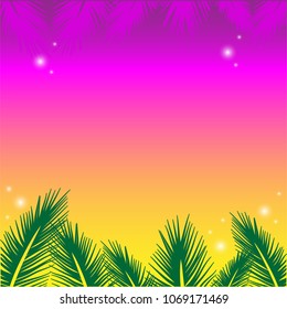 Green palm leaves on pink and yellow background