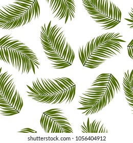 Green palm leaves on white background seamsless pattern.