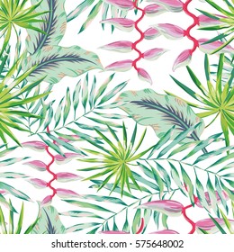 Green palm leaves and pink heliconia flower on the white background. Vector seamless pattern. Tropical illustration. Jungle foliage.