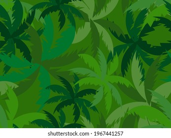 Green palm leaves seamless pattern. Summer tropical background for promotional materials, fabric prints, banners and posters. Vector illustration