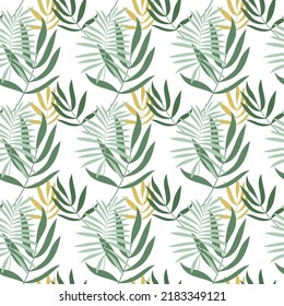 Green palm leaves seamless pattern vector. Abstract branches floral illustration. Colorful summer holiday backdrop. Wallpaper, background, fabric, textile, print, wrapping paper or package design.