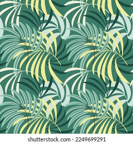 Green palm leaves seamless pattern vector. Abstract jungle branches floral backdrop. Botanical illustration. Tropical plants wallpaper, background, fabric, print, wrapping paper, package design.