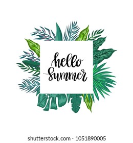 Green palm leaves template frame isolated on white background. Hello summer lettering vector abstract illustration. Realistic  tropical plants  for poster, card, web banner, travel 