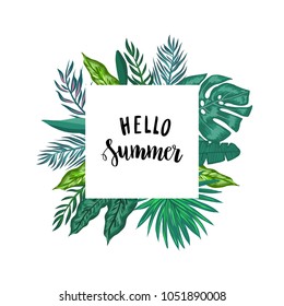 A palma verde deixa o quadro de modelo isolado no fundo branco. Olá verão lettering vetor abstrata ilustração. Plantas tropicais realistas para cartaz, cartão, banner web, viagens 
