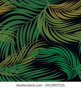 Green palm leaves tropical ornamental beautiful seamless pattern. Modern floral decorative background. Repeat foliage backdrop. Tropic leafy endless ornaments with palm and coconut leaves, branches.