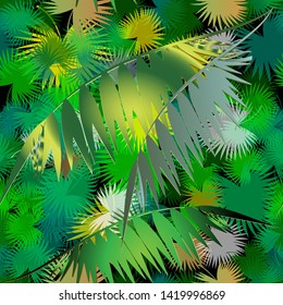 Green palm leaves vector seamless pattern. Tropical background. Ornate repeat floral backdrop. Leafy exotic 3d ornament. Tropic plants, leaves, branches. Surface textured modern design.