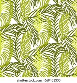 Green palm leaves vector seamless background.