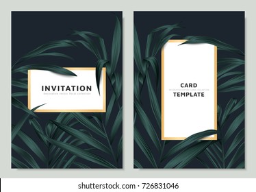 Green palm leaves with white golden border frame on dark background, invitation card template design