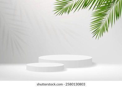 Green Palm Tree Branch With Blue Background With Podium Gradient Mesh, Vector Illustration