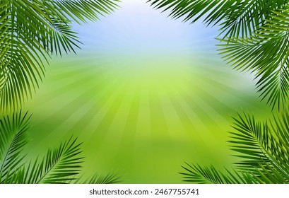 Green Palm Tree Branch Frame And Bokeh 
With Gradient Mesh, Vector Illustration