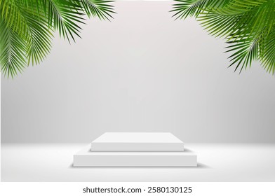 Green Palm Tree Branch With Grey Background With Podium Gradient Mesh, Vector Illustration