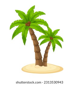 Palmera verde con cocos en la arena con piedras. Isla. Vector. Aislado sobre fondo blanco