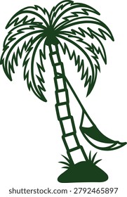 Green palm tree with hammock and ladder on white background for tropical vacation and relaxation concepts