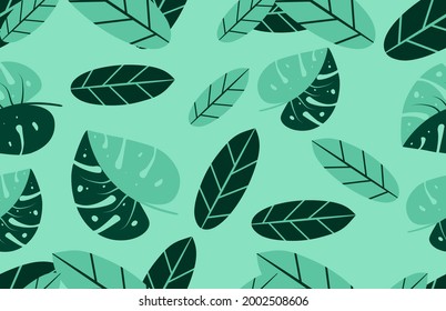 Patrón transparente de hojas de palmera verde con fondo verde adecuado para el diseño de pancartas, el diseño de envoltura de regalo, etc.