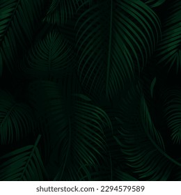 Hojas verdes de palmera en un fondo oscuro. Hojas tropicales de palma, ilustración vectorial sin costura floral.