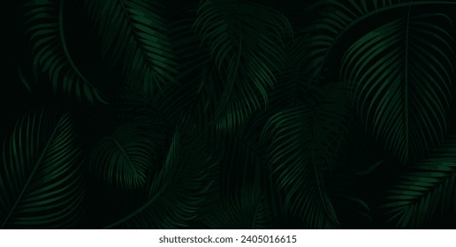 Hojas verdes de palmera en un fondo oscuro. Hojas tropicales de palma, ilustración vectorial de patrón floral.