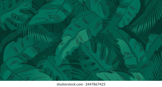 Green palm tree leaves on green background. Tropical leaves, floral abstract pattern, vector illustration.