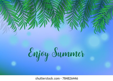 Green palm tree leaves on blue bokeh, defocused background with Enjoy Summer text.