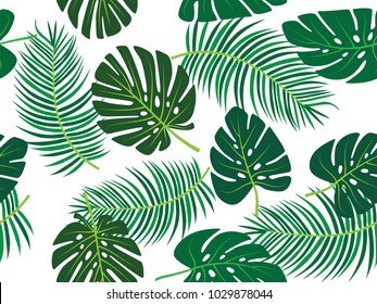 green palm tree and monstera leaf vector tropical theme seamless pattern