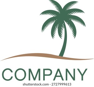 Green palm tree on brown sand with C O M P A N Y text