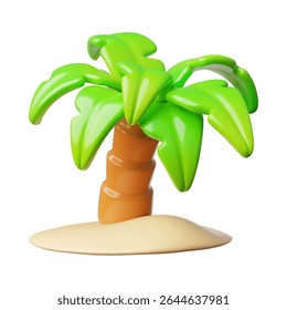 Green palm tree on sand. 3D plastic style vector illustration. Cartoon tree plant on tropical island. Vacation holiday and Time to travel concept. Paradise summer nature