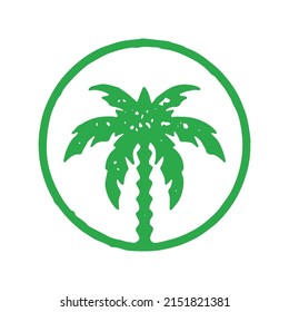 Green palm tree with ornamental trunk and lush foliage leaves in circle frame summer resort travel vacation logo design grunge texture vector illustration. Tropical wood plant round border emblem