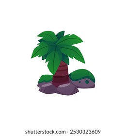 Green palm tree with stones icon. Cartoon tropical tree plant with leaves. Vector flat illustration isolated on white. Garden summer nature game props