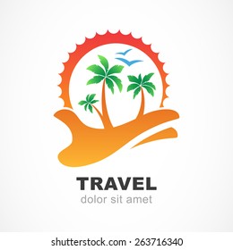 Green palm tree and sun on hand. Abstract design concept for travel agency, tropical resort, beach hotel, spa. Summer vacation symbol. Vector logo design template.