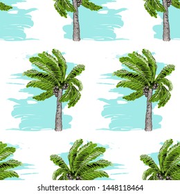 Green palm trees on blue background, seamless pattern. Vector illustration, hand drawn sketch.