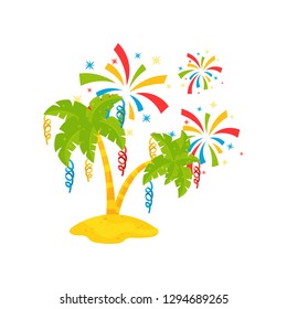 Green palm trees on the sand and colorful festive salute. Brazilian carnival theme. Flat vector design