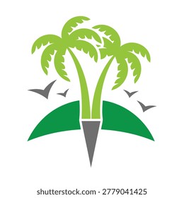 Green palm trees on small hill with flying birds around tropical landscape